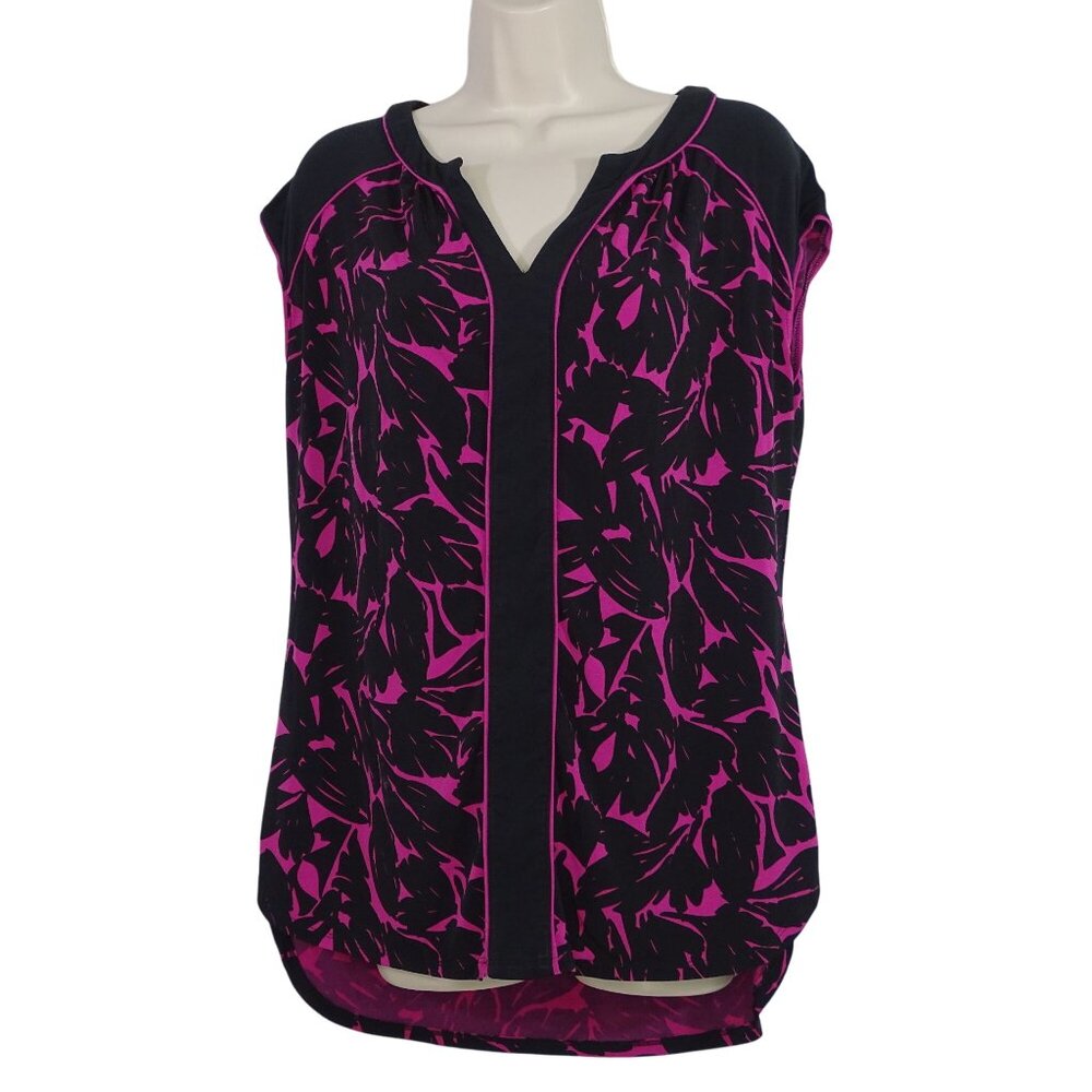 Worthington Black Purple Floral Print Top Women Size L Side Slits Work Casual
